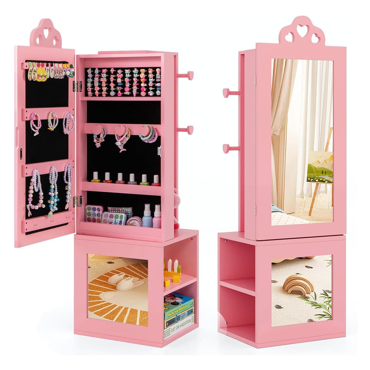 Costway3 en 1 Armoire à Bijoux Enfants Organisateur de Bijoux avec Miroir Pleine Longueur Anti-Bascule Porte-Vêtements sur Pied Motif Cœur Rose