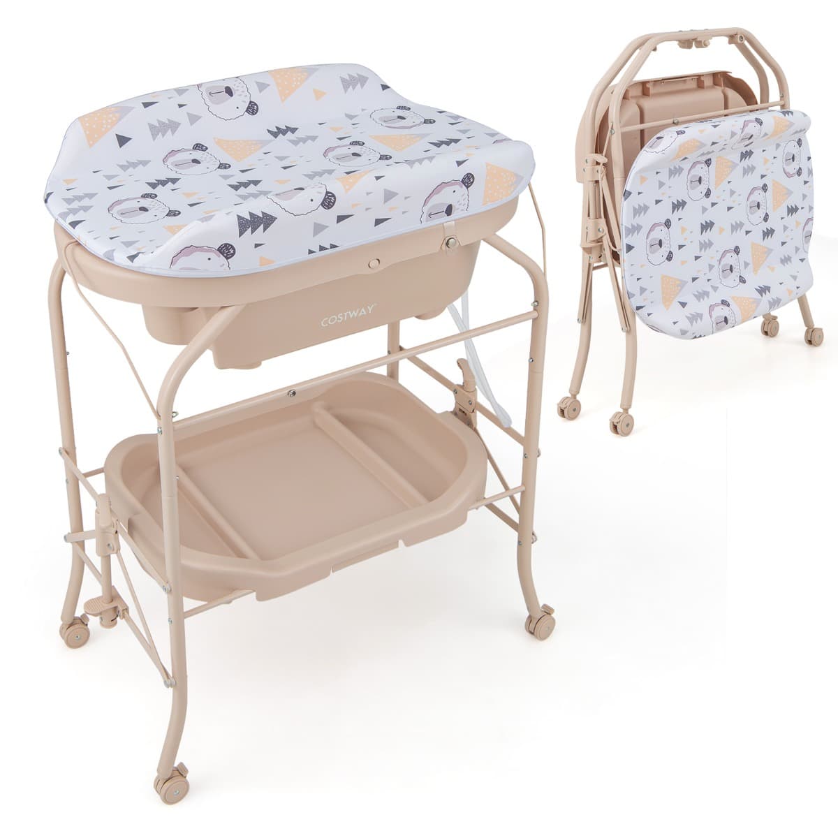 CostwayTable à Langer Bébé avec Baignoire 20L Pliante 4 en 1 Coussin en PVC 4 Roues Universelles Maximum 35 Kg 0-12 Mois Beige