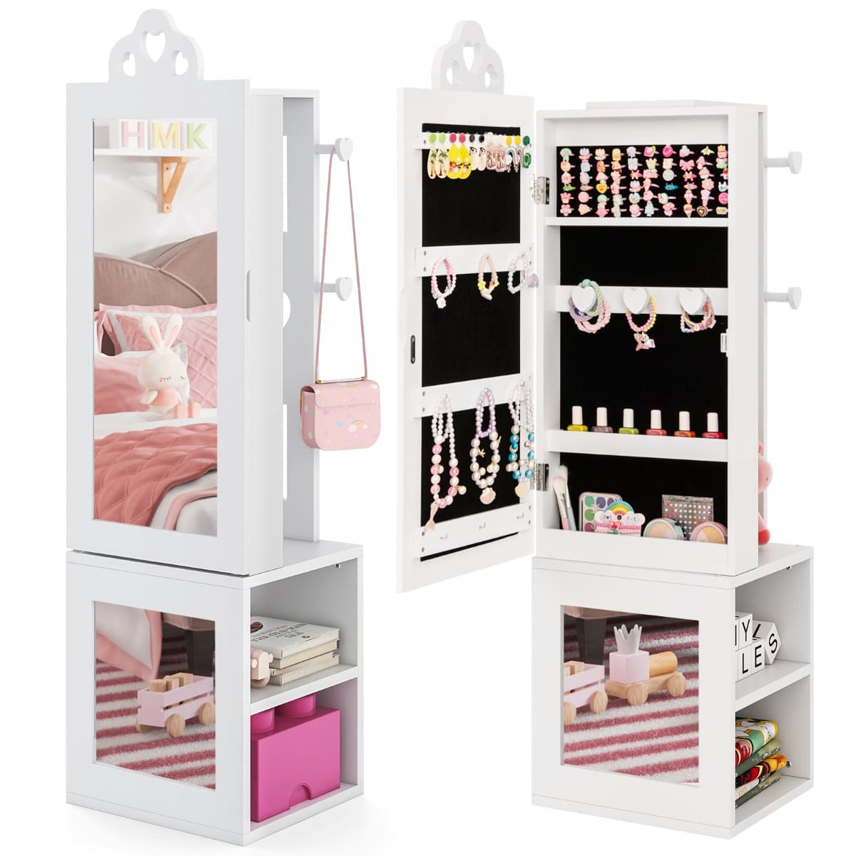 CostwayArmoire à Bijoux 3 en 1 avec Miroir Pleine Longueur pour Enfants PortAnt à Vêtements Rangement pour Bijoux avec Crochets Blanc