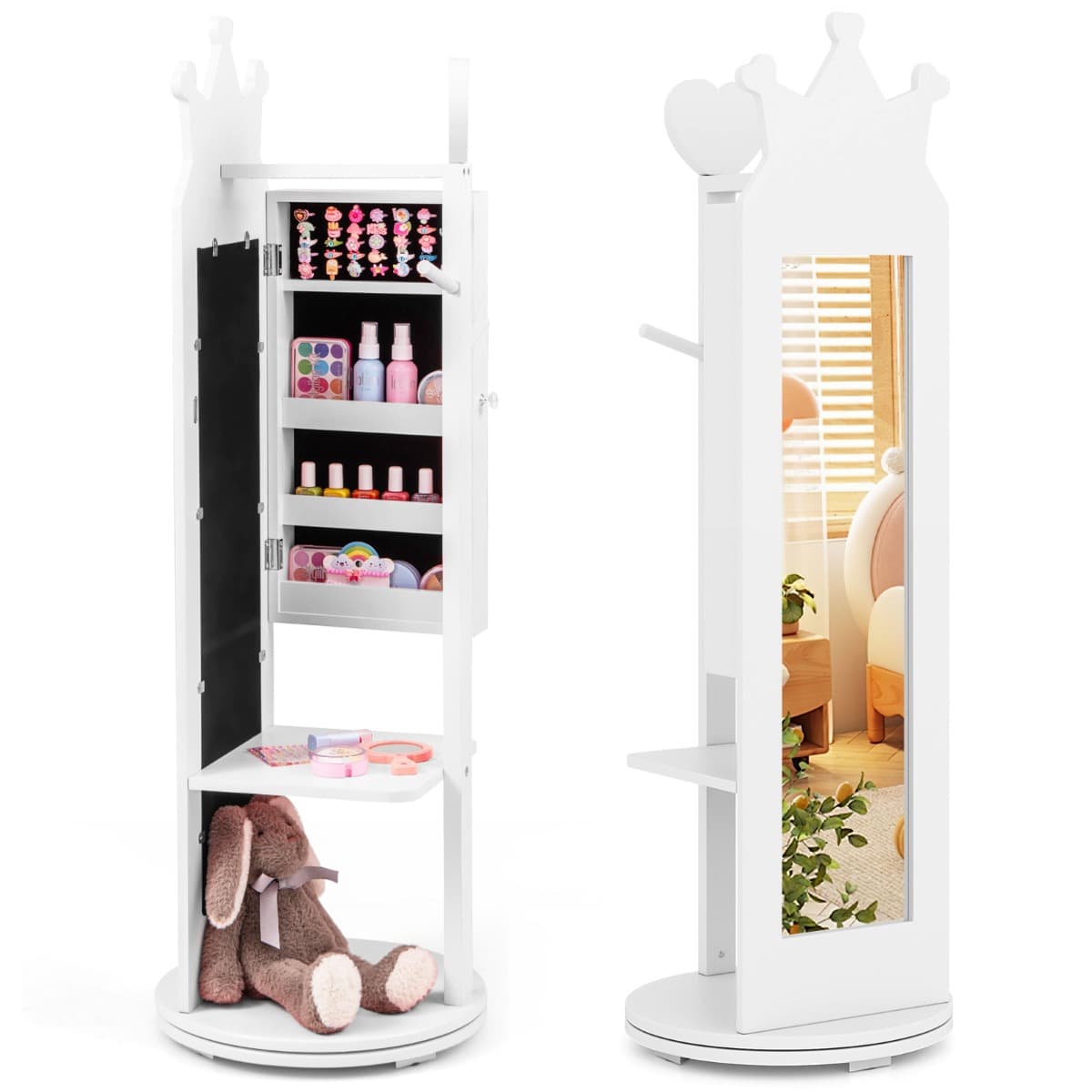 CostwayArmoire à Bijoux pour Enfants Miroir sur Pied Base Pivotante Support à Vêtements Crochets Etagères et Tiroir Motif Couronne Blanc