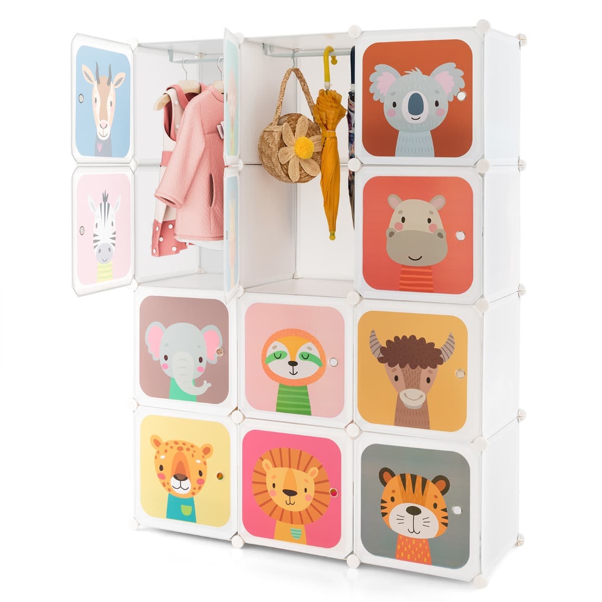 CostwayArmoire Cubes pour Enfants Armoire pour Bébé à 12 Cubes avec 2 Sections Suspendues Commode avec Jolis Motifs Blanc