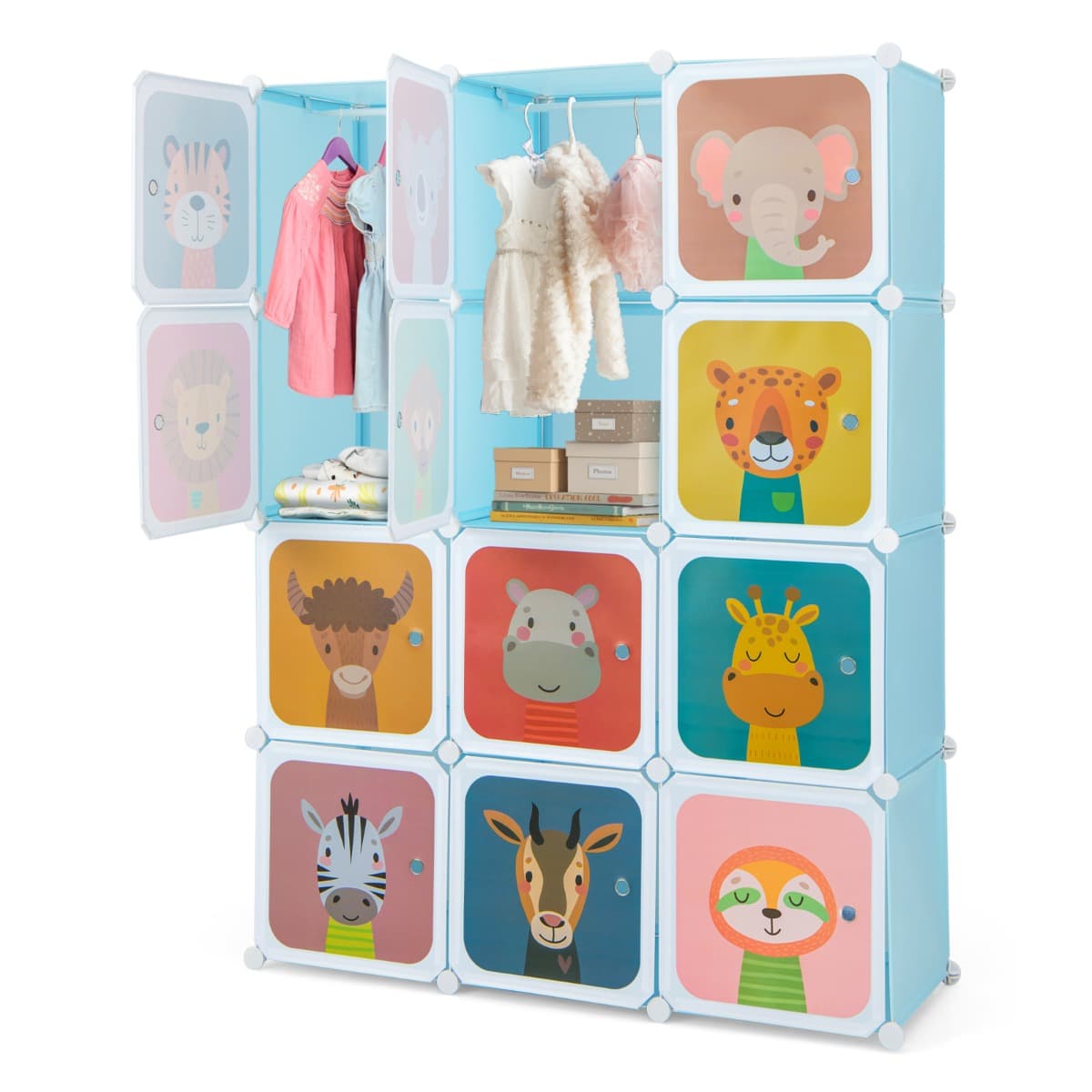 CostwayArmoire Cubes pour Enfants Armoire pour Bébé à 12 Cubes avec 2 Sections Suspendues Commode avec Jolis Motifs Bleu