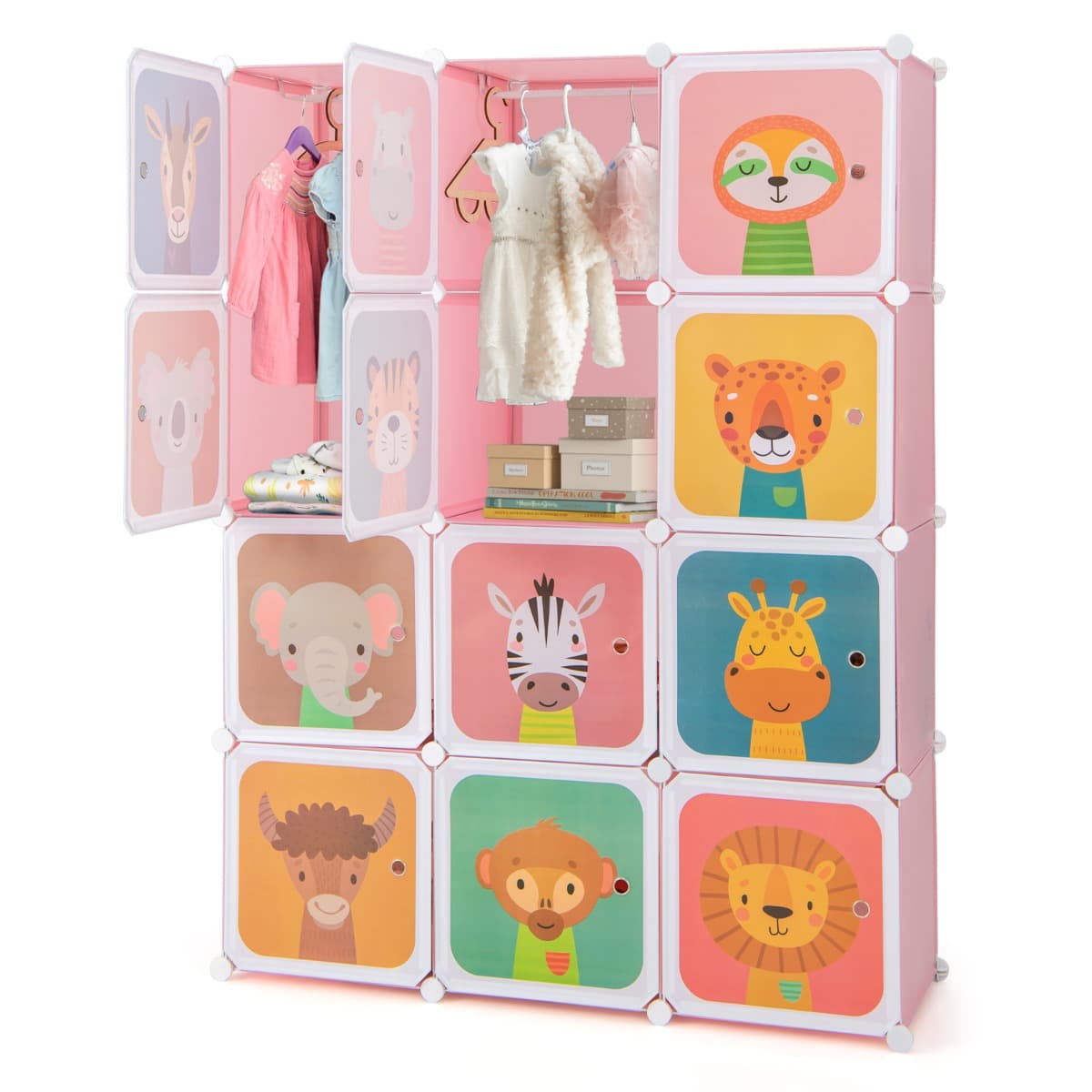 CostwayArmoire Cubes pour Enfants Armoire pour Bébé à 12 Cubes avec 2 Sections Suspendues Commode avec Jolis Motifs Rose
