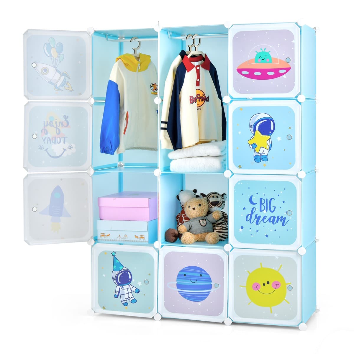 CostwayArmoire portable pour enfants Commode pour Bébé 12 Cubes avec 2 Sections Penderie Joli Organisateur de Rangement pour Enfants Bleu