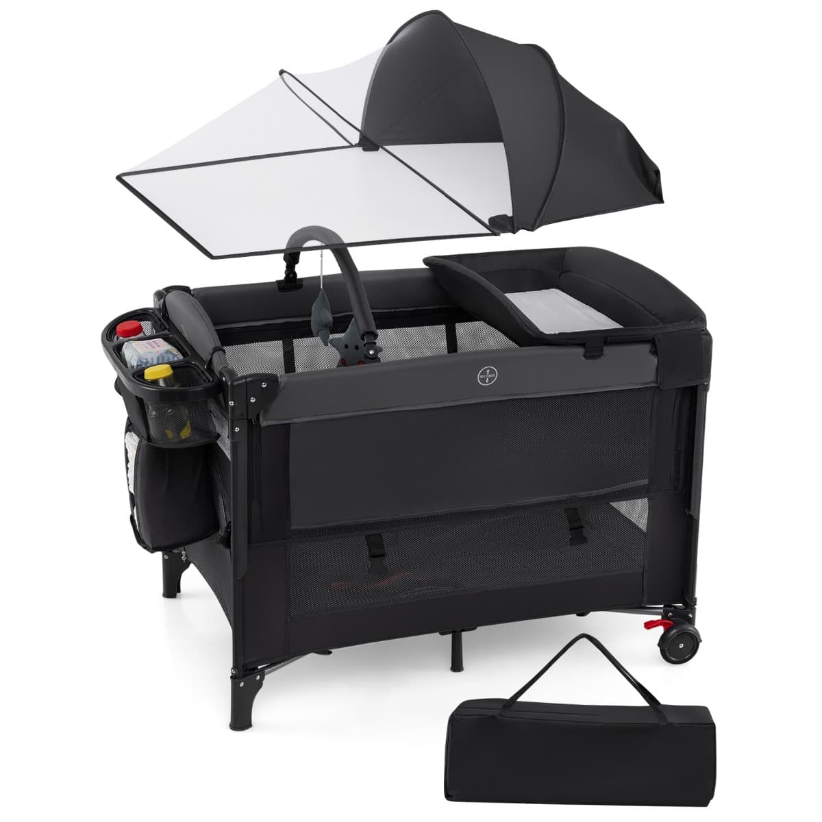 CostwayLit Parapluie pour Bébé avec 4 Hauteurs Réglables Table à Langer Matelas Filet de Protection Rangement Inférieur Barre à Jouets Noir