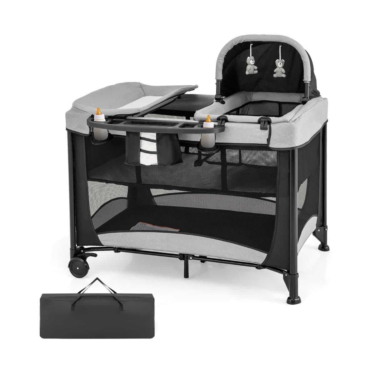 CostwayLit Bébé 5 en 1 Lit Parapluie Pliable Parc Bébé Table à Langer avec Berceau Matelas Amovible Jouets Noir