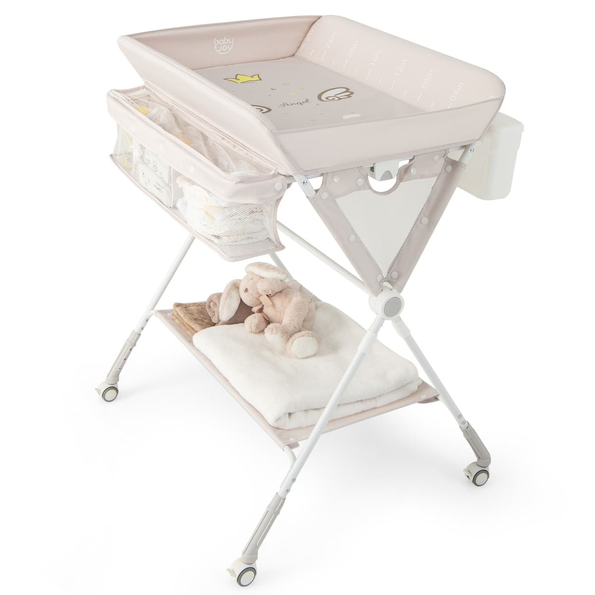 CostwayTable à Langer Pliable pour Bébé avec Hauteur Réglable sur 3 Niveaux Poubelle Panier de Rangement Etagère Roues Verrouillables Beige