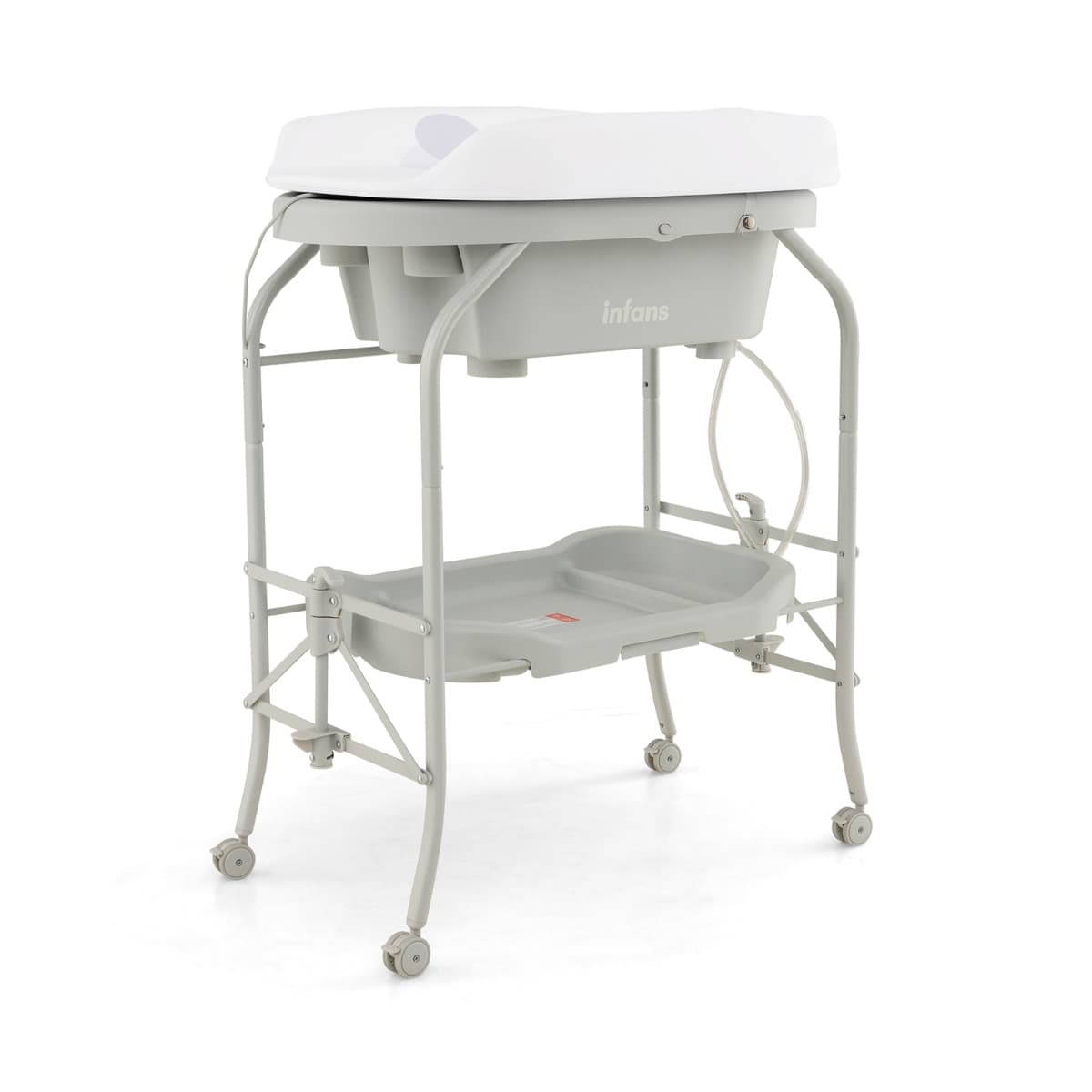 CostwayTable à Langer Bébé avec Baignoire 20L Pliante 4 en 1 Coussin en PVC 4 Roues Universelles Maximum 35 Kg 0-12 Mois Gris Clair