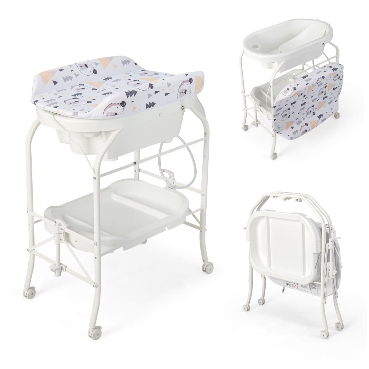 CostwayTable à Langer Bébé avec Baignoire 20L Pliante 4 en 1 Coussin en PVC 4 Roues Universelles Maximum 35 Kg 0-12 Mois Blanc