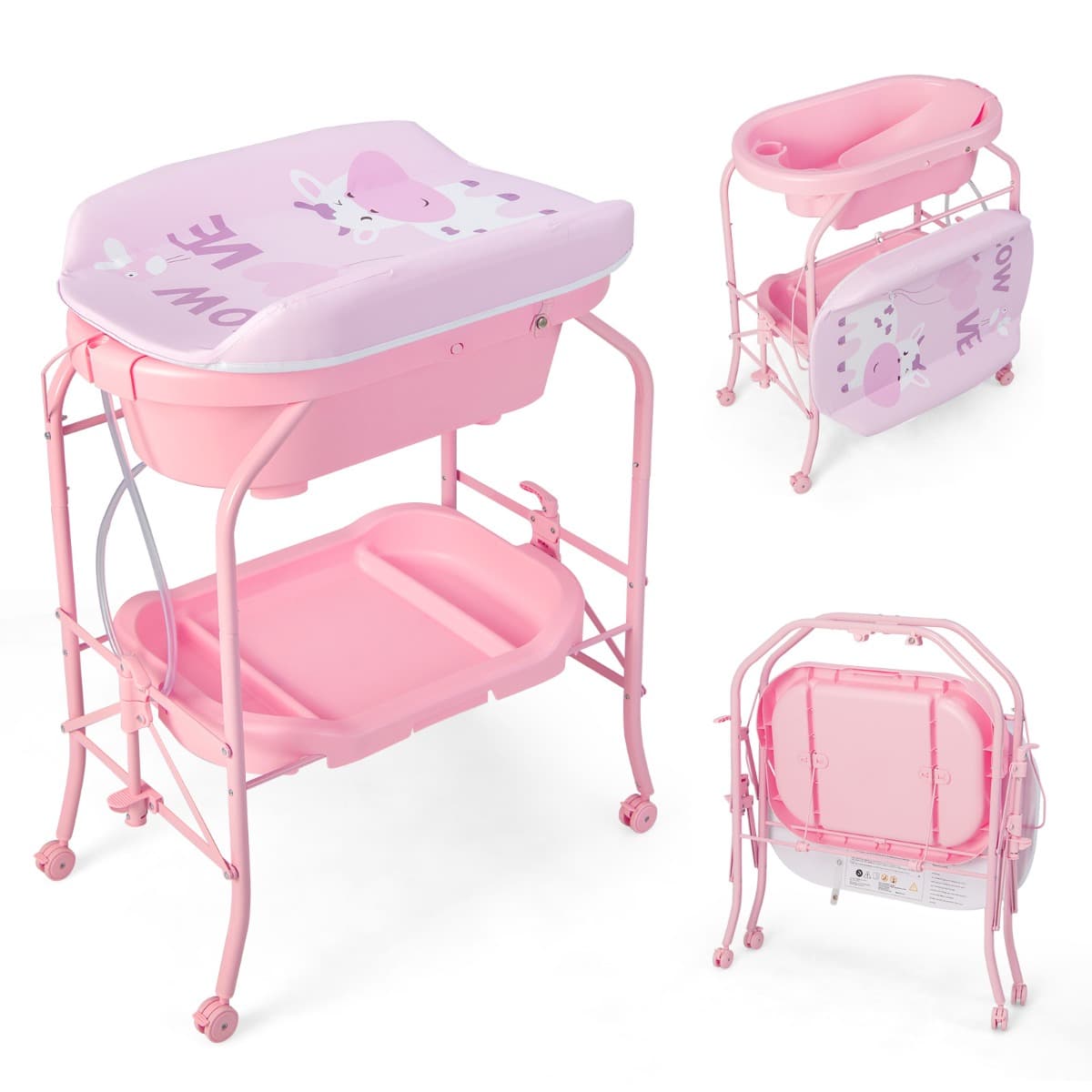 CostwayTable à Langer Bébé avec Baignoire 20L Pliante 4 en 1 Coussin en PVC 4 Roues Universelles Maximum 35 Kg 0-12 Mois Rose